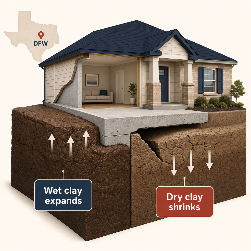 3-D diagram showing how wet DFW clay expands and dry clay shrinks beneath a home foundation